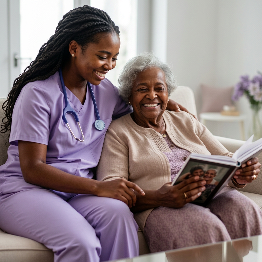 Caregiver and elderly individual sharing a photo album